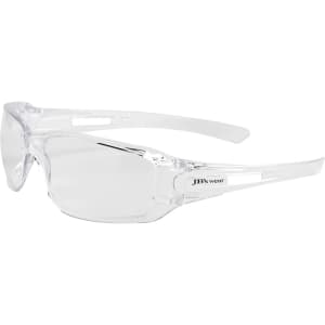 A pair of clear safety glasses with a lightweight design and logo branding.