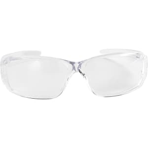 Clear safety glasses with a sleek design, featuring a wrap-around style and a logo on the frame.