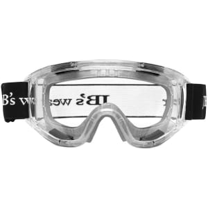 A pair of clear antifog goggles with a black elastic strap featuring a logo.