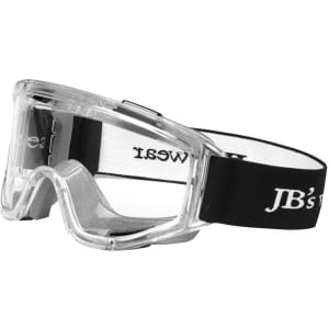 A clear antifog goggle with a black adjustable strap, featuring a logo on the band.