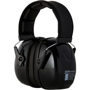 A pair of black ear muffs with a padded headband and adjustable features. Includes branding on the side.