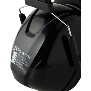 A black ear muff with a glossy finish, featuring a logo and metallic hinges, designed for noise reduction.