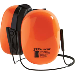 A pair of bright orange ear muffs with a neck band and a logo on the side.