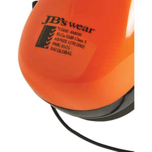 A pair of orange ear muffs with a neck band and a logo, designed for personal health and safety use.