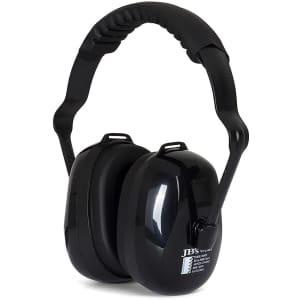A pair of black ear muffs with a padded headband and adjustable fit. Features a logo on one side.