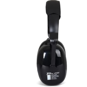A pair of black ear muffs with a padded headband and a logo on the side.