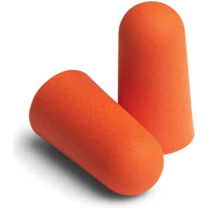 Two orange earplugs positioned together, featuring a smooth, rounded design.