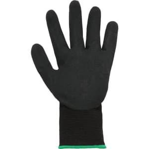 A black nitrile glove with a breathable design and a green cuff, featuring five fingers and a textured surface.