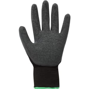 A black latex glove with a textured surface and a black wrist cuff featuring a green accent.