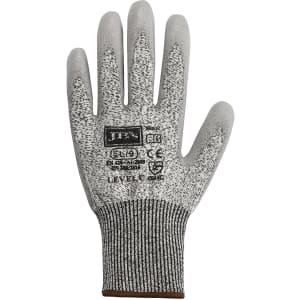 A grey cut-resistant glove with a knitted cuff and branding details. It features a textured grip surface.