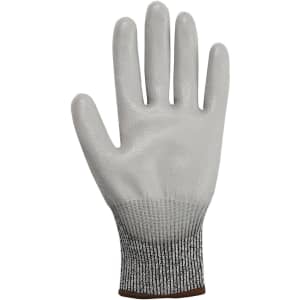 A white cut-resistant glove with a grey knitted wrist cuff. The glove has a textured surface and a branding logo.