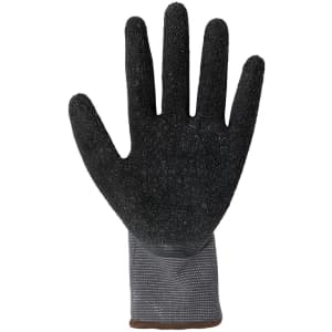 A pair of grey and black latex gloves with a textured surface, featuring a wrist cuff.