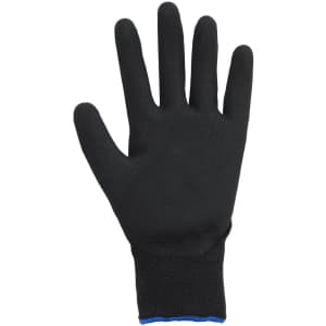 A black nitrile glove with a textured surface and a blue cuff. The glove has a fitted design and a brand logo.