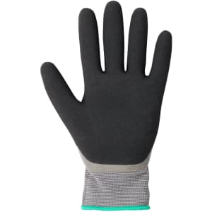 A grey and black waterproof glove with a double latex coating, featuring a textured palm.