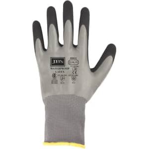 A grey and black waterproof double latex coated glove with a textured grip and a knitted wrist. Features a logo.