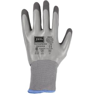 A grey and charcoal glove with a textured surface and a knitted wrist, featuring a logo.