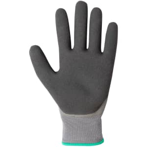 A grey glove with a smooth latex coating and a textured wrist section, featuring a logo.