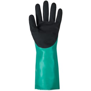 A green and black nitrile chemical glove with a textured black palm and a smooth green cuff. Features a logo.