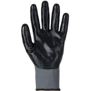 A grey and black nitrile gripper glove with a textured surface and a knitted wrist cuff. Features a logo.