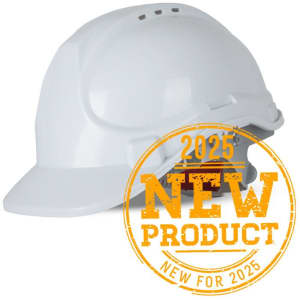 A white safety helmet featuring ventilation slots and a branded logo. Suitable for protective wear.