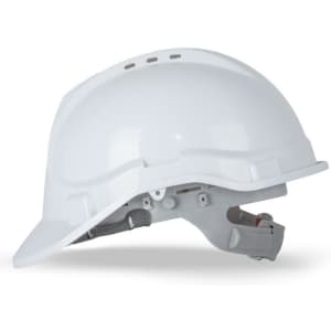 A white safety helmet featuring ventilation holes and an adjustable strap, part of a pack of ten.