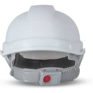 A white safety helmet with an adjustable strap and a logo on the side.