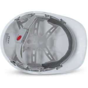 A white safety helmet featuring a grey inner lining and adjustable straps, inside view displayed.