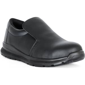 A black microfibre shoe with a slip-on design and a sturdy sole. The shoe features a sleek finish and has a logo.