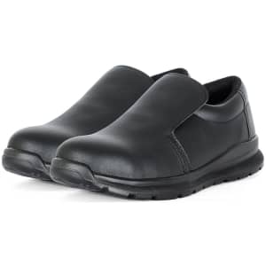 A pair of black microfibre shoes with a slip-on design and a logo on the side.
