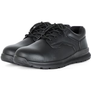 A black lace-up steeltoe shoe with a casual design, featuring a textured upper and a thick sole.