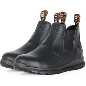 A pair of black elastic-sided safety boots with a logo on the pull tabs. The boots have a sleek, modern design.
