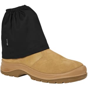 A tan boot with a black cover, featuring an elasticised top and a textured sole. It has a logo on the cover.