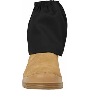 A tan boot with a black boot cover secured around the upper part, featuring an elastic top for a snug fit.