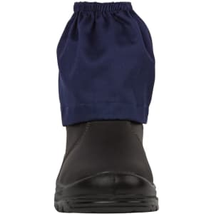 A brown safety boot with a blue boot cover featuring an elasticised top. The image includes a logo.