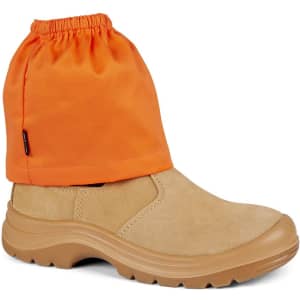 An orange boot cover fitted over a tan safety boot, designed for protective wear. The cover has an elastic top and a branding tag.