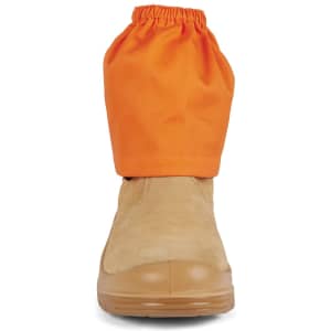 A tan work boot with a bright orange boot cover, featuring an elasticised top. Includes a logo on the cover.