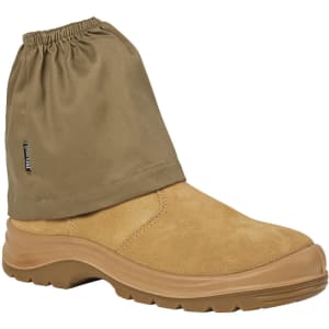 A tan boot with a green fabric cover at the top, featuring an elasticised opening and a logo.