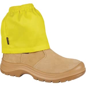 A tan safety boot with a bright yellow boot cover. The cover features an elasticised top and has a logo.