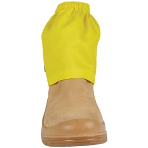 A boot cover in bright yellow fabric, designed to fit over a tan work boot. It has an elasticated top for a secure fit.