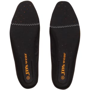 A pair of black insoles with orange branding, featuring a textured surface and perforated design for breathability.