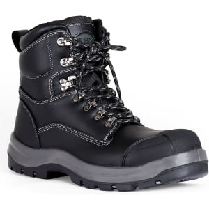 A black lace-up safety boot featuring a steel toe, rugged sole, and branding on the side.