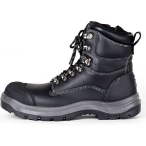 A black lace-up safety boot with metallic eyelets, padded collar, and reinforced toe. Features a logo on the side.