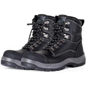 A pair of black lace-up safety boots featuring a sturdy design and metallic eyelets, with a logo on the side.