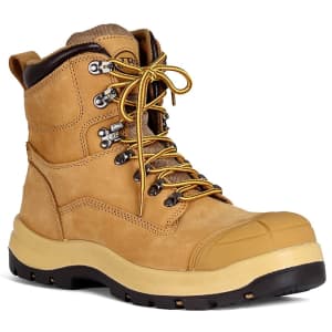 A pair of tan lace-up safety boots with a sturdy sole and metal eyelets for laces. Features a protective toe cap.