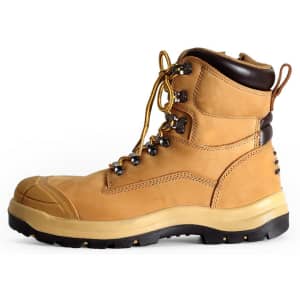 A tan lace-up safety boot with a sturdy sole and metal eyelets, featuring a brown heel and branding.