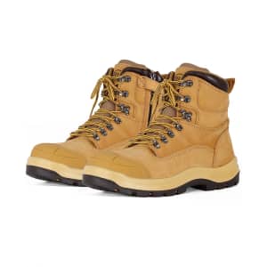 A pair of tan lace-up safety boots with yellow laces and a rugged sole, featuring branding on the side.