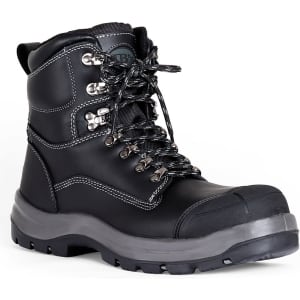 A black safety boot with a lace-up design, featuring a padded collar and a protective toe cap. It has a logo.