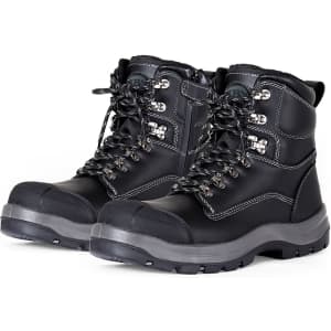 A pair of black work boots with protective toe caps and lace-up design. Features a logo on one boot.