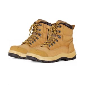 A pair of tan safety boots with black soles and yellow laces, featuring a protective toe cap and branding.