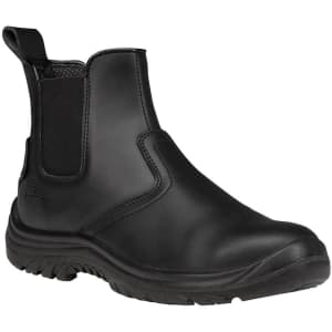 A black elastic-sided safety boot with a rubber sole, featuring a logo on the side and textured panels.